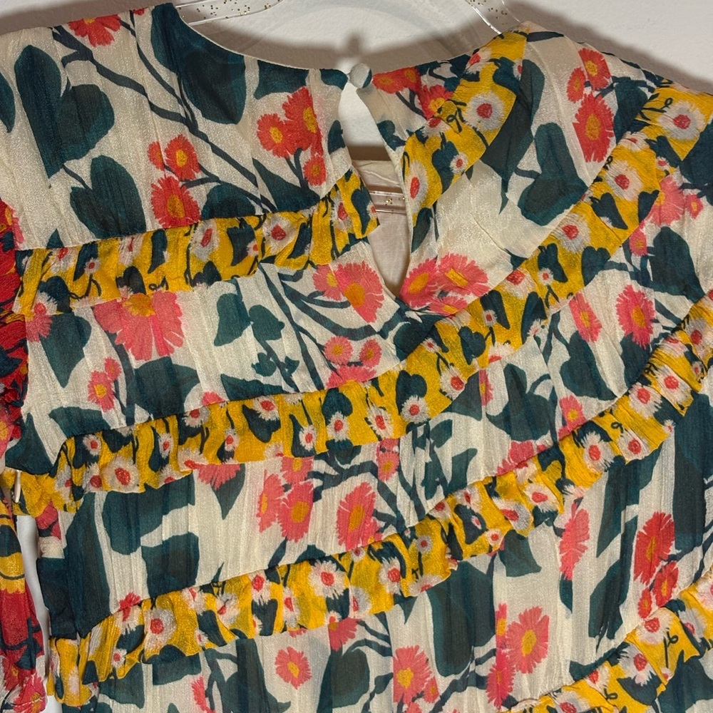 Farm Rio Anthropologie NWT Puff Sleeve Mini Dress in Yellow Floral Motif Small - Picture 10 of 11